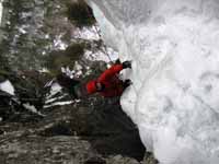 Mike climbing the second pitch. (Category:  Ice Climbing)