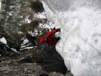 Mike climbing the second pitch. (Category:  Ice Climbing)