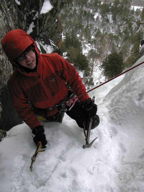 Mike climbing the second pitch. (Category:  Ice Climbing)