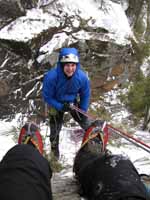 On rappel. (Category:  Ice Climbing)