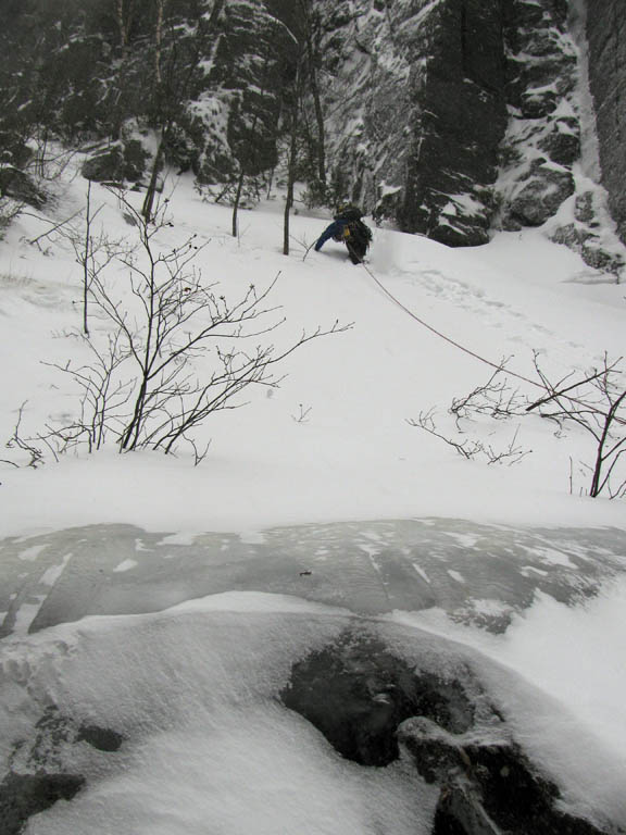 Guy starting up Trap Dike. (Category:  Ice Climbing)