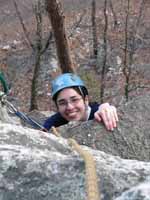 Melissa reaching the top of No Picnic. (Category:  Rock Climbing)