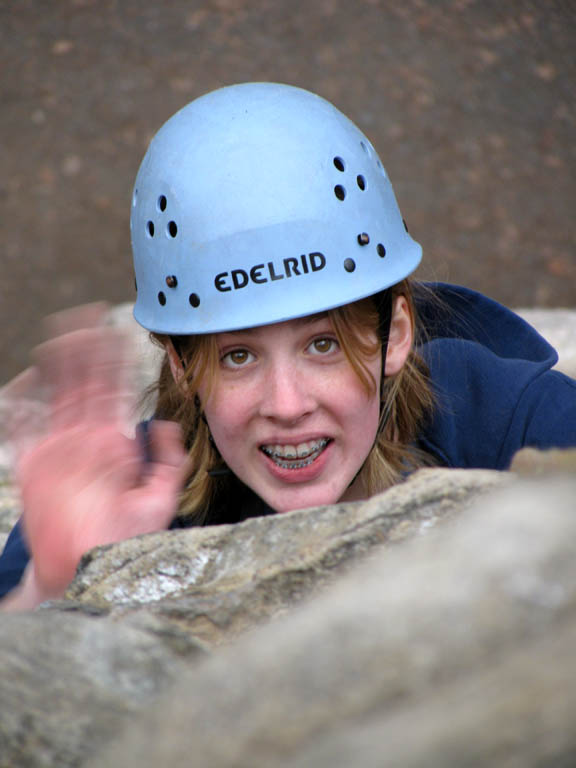 Amy reaching the top of Horseman. (Category:  Rock Climbing)