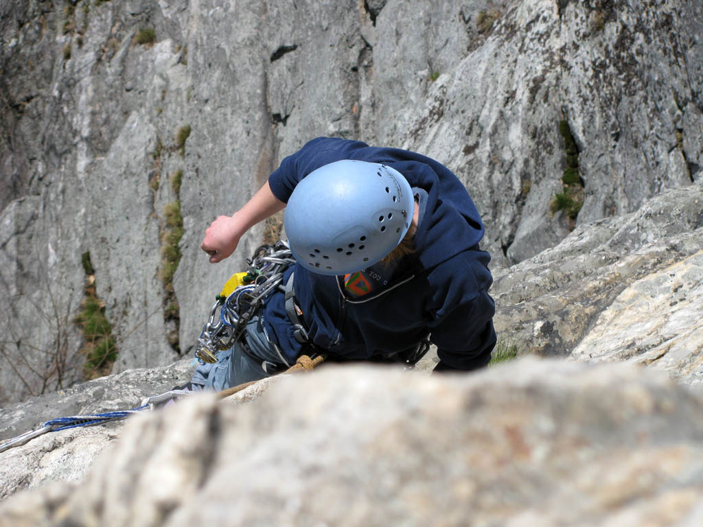 Amy following the first pitch of High Exposure. (Category:  Rock Climbing)