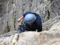 Amy following the first pitch of High Exposure. (Category:  Rock Climbing)