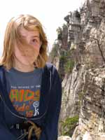 Amy on the High Exposure Ledge. (Category:  Rock Climbing)