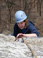 Amy reaching the top of Shockley's Ceiling. (Category:  Rock Climbing)