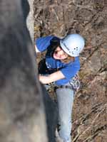 Amy reaching the top of Sixish. (Category:  Rock Climbing)