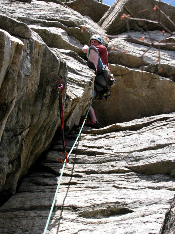 Guy leading the awkward third pitch of Maria. (Category:  Rock Climbing)