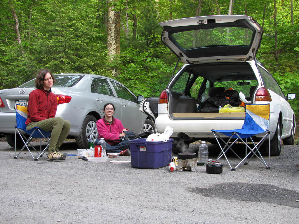 Marah and Melissa enjoying the good life in the West Trapps Parking Lot. (Category:  Rock Climbing)