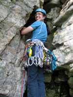 Melissa on Three Pines.  Her first lead. (Category:  Rock Climbing)