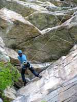 Melissa climbing Birdcage. (Category:  Rock Climbing)