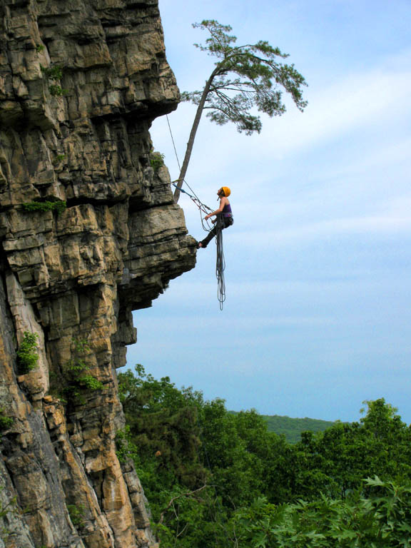 Laura at the first belay of Strictly From Nowhere. (Category:  Rock Climbing)