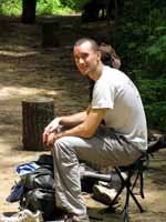 Nick REALLY enjoying the support provided by Anna's portable stool. (Category:  Rock Climbing)