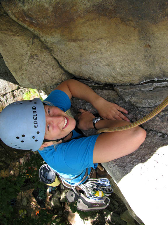 Emily reaching the first belay on Disneyland. (Category:  Rock Climbing)