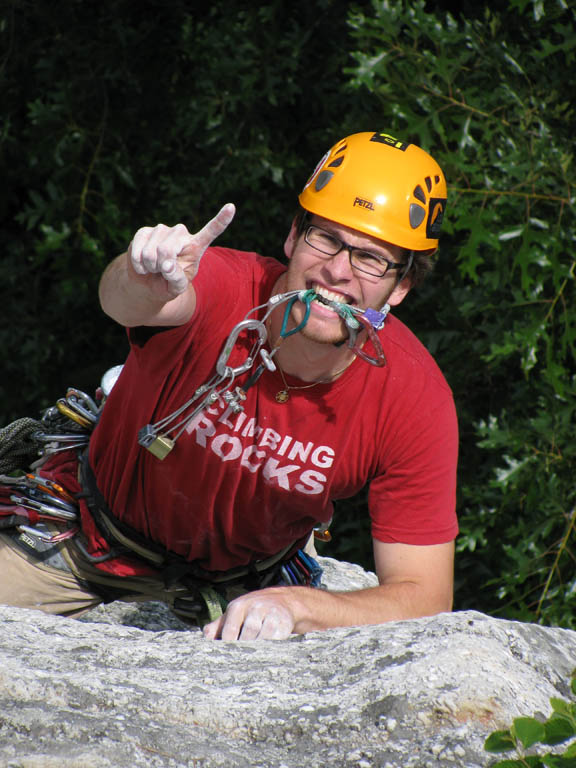 Mike leading the top pitch of Disneyland. (Category:  Rock Climbing)