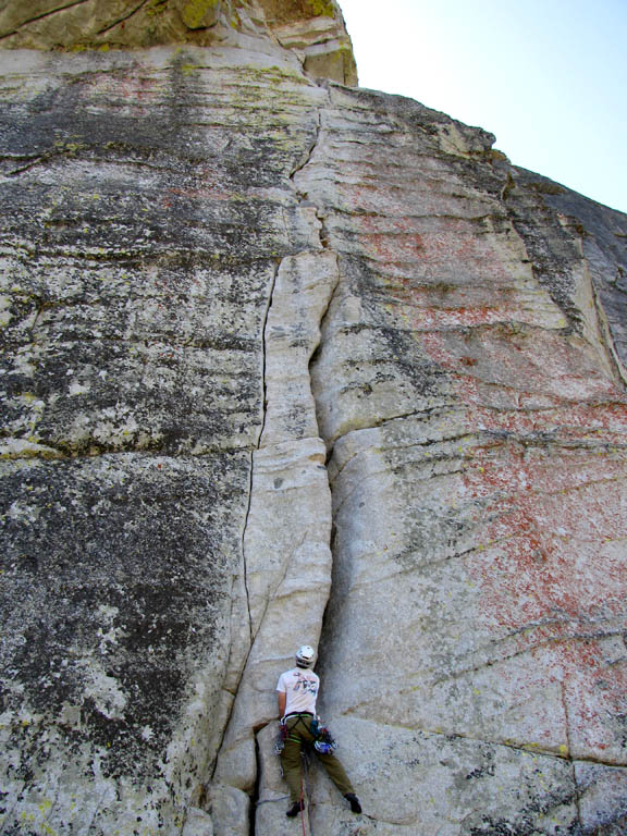 Reaching the offwidth on pitch 2 of Traveler Buttress. (Category:  Rock Climbing)