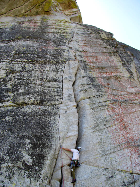 Establishing in the offwidth. (Category:  Rock Climbing)