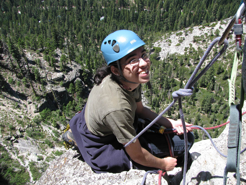 Melissa at the second belay. (Category:  Rock Climbing)