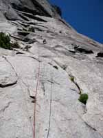 Guy leading the first pitch of The Grack. (Category:  Rock Climbing)