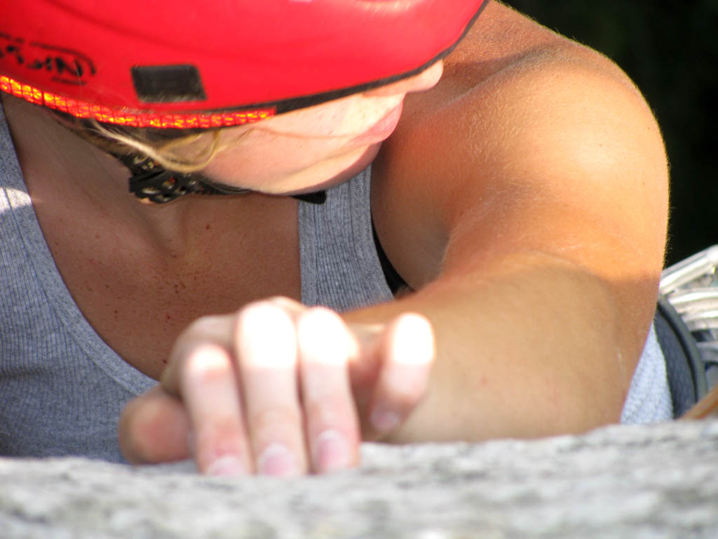 Amy at the crux of Arrow. (Category:  Rock Climbing)