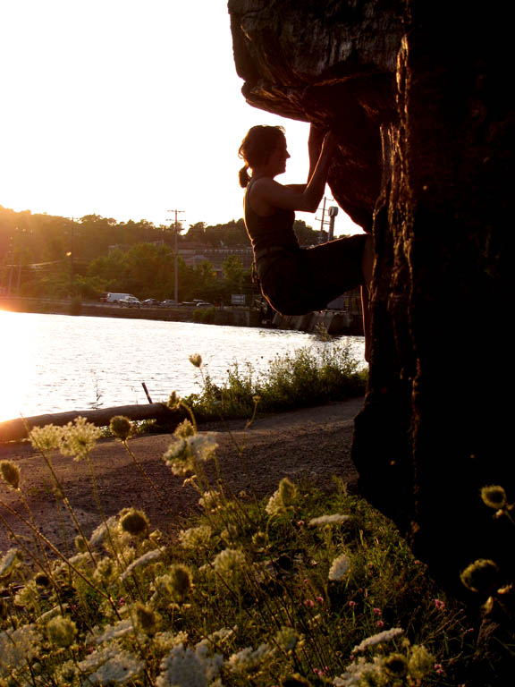 Jen bouldering as the sun sets. (Category:  Rock Climbing)