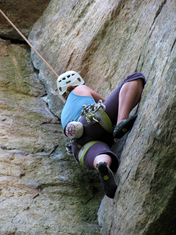 Katie cleaning Ant's Line. (Category:  Rock Climbing)