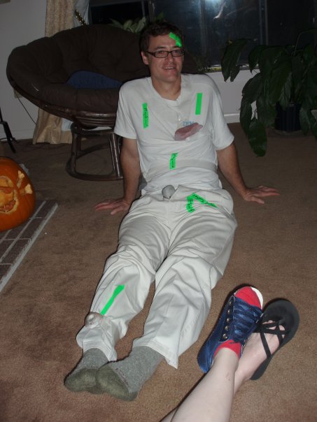 My boulder problem costume with the totally inappropriate start hold. (Category:  Party)