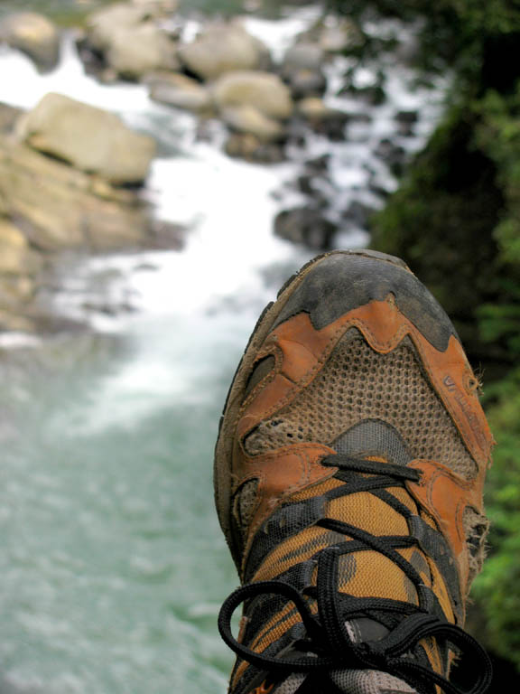 My foot swinging in space, far above Paradise falls. (Category:  Travel)