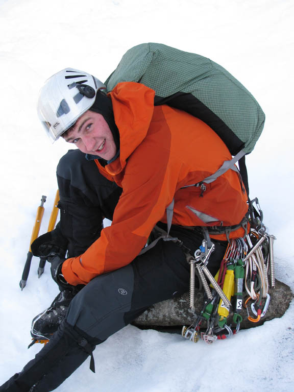 Guy getting ready to lead the first pitch.  We carried some rock gear, though we never needed it. (Category:  Ice Climbing)