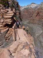 This is what the Angel's Landing trail looks like.  Large chains, chopped steps, and never less than five feet wide. (Category:  Rock Climbing)