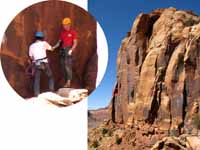 Jon and Keith cleaning the anchor on Rochambeau. (Category:  Rock Climbing)