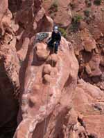 Melissa at the third belay of Ancient Art, seen from the summit. (Category:  Rock Climbing)