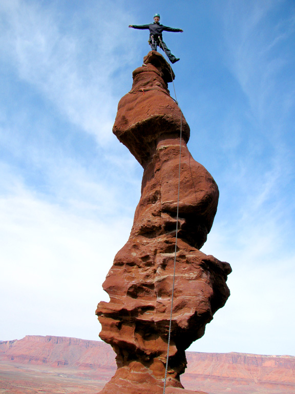 Melissa with the classic pose on top of Ancient Art. (Category:  Rock Climbing)