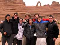Jon, Colin, Melissa, Shay, Arielle, Dan, JMo and Roger.  The whole class in front of Delicate Arch. (Category:  Rock Climbing)