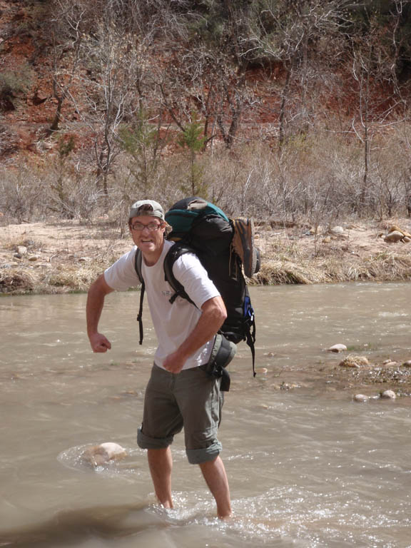 Crossing the Virgin River.  I have no idea why I'm posing like this. (Category:  Rock Climbing)