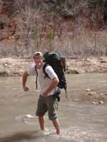 Crossing the Virgin River.  I have no idea why I'm posing like this. (Category:  Rock Climbing)