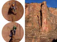 Leading pitch four.  I've just reached the intermediate belay and am about to start the overhanging section. (Category:  Rock Climbing)