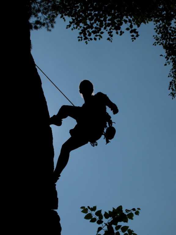 Emily coming down after climbing Yoda. (Category:  Rock Climbing)