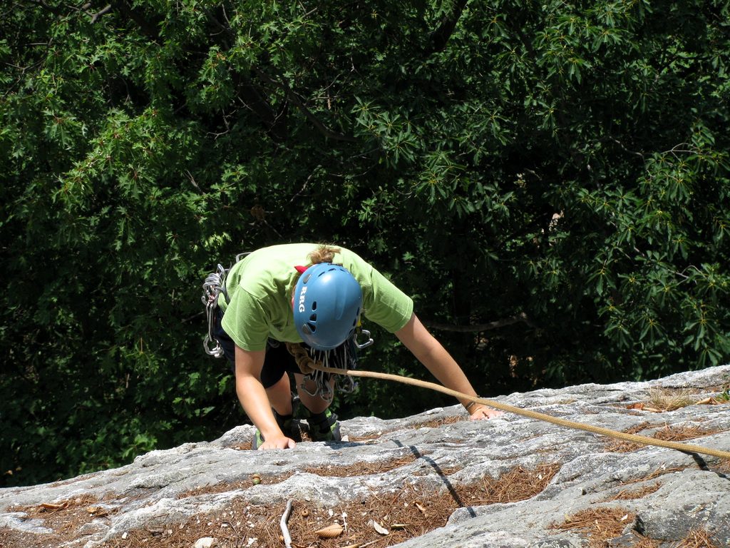 Emily climbing Three Doves. (Category:  Rock Climbing)