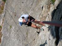 Carolyn rappelling Madame G's. (Category:  Rock Climbing)