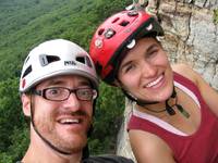 Jeff and Liz in the middle of the Madame G's hanging rappel. (Category:  Rock Climbing)