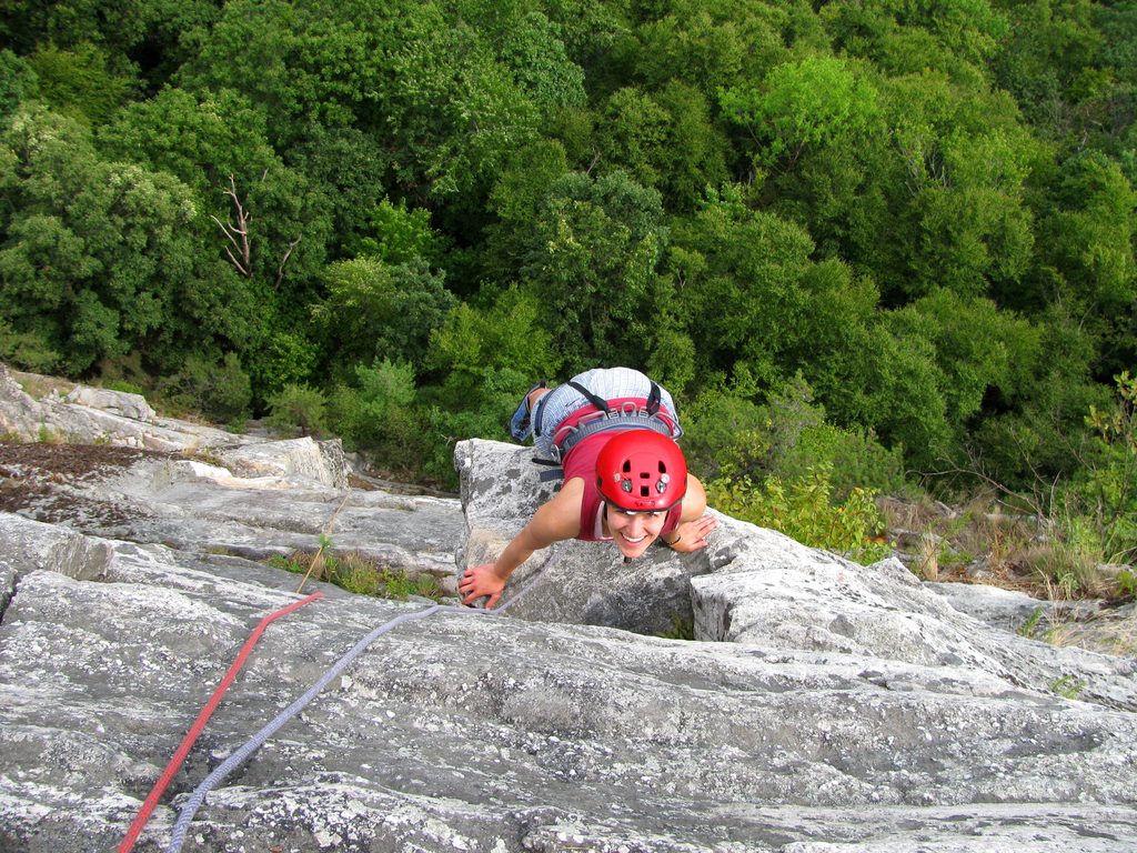 Liz on the ledge at the top of Beginner's Delight. (Category:  Rock Climbing)