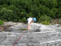 Emily on the ledge at the top of Beginner's Delight. (Category:  Rock Climbing)