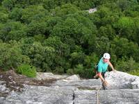 Carolyn on the ledge at the top of Beginner's Delight. (Category:  Rock Climbing)