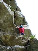 Alex leading the direct finish to Bonnie's Roof. (Category:  Rock Climbing)