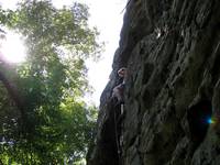 Guy leading Hot Drama Teacher. (Category:  Rock Climbing)