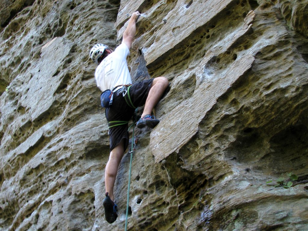 Me leading Johnny On Roofies. (Category:  Rock Climbing)