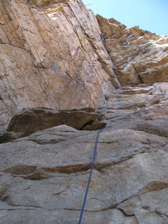 Emergency Backup Jeff leading the first pitch of Bonnie's Roof. (Category:  Rock Climbing)