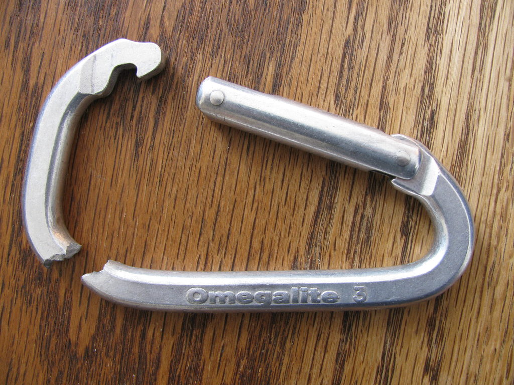 Carabiner broken from being nose hooked in a fall. (Category:  Resources)